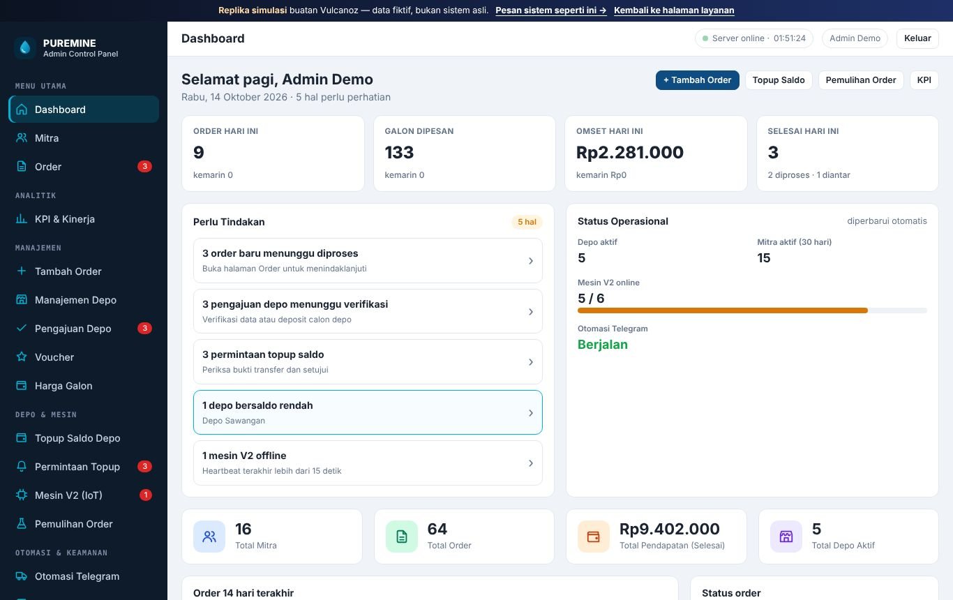 Tampilan Puremine Admin Control Panel β Replika simulasi Β· sistem order, depo & mesin IoT
